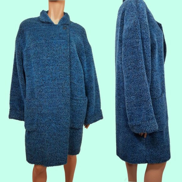 Vintage 80s Wool Mohair Alpaca Coat Fluffy Shaggy Vibrant Blue Mid Length Size M - Picture 1 of 11